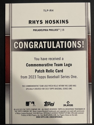 2023 Topps Series 1 - Team Logo Commemorative Patches #TLP-RH Rhys Hoskins - Picture 2 of 2