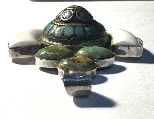 Large Sterling Silver Southwest Style Green Turquoise, & White Bone Pendant 44g - Picture 13 of 18