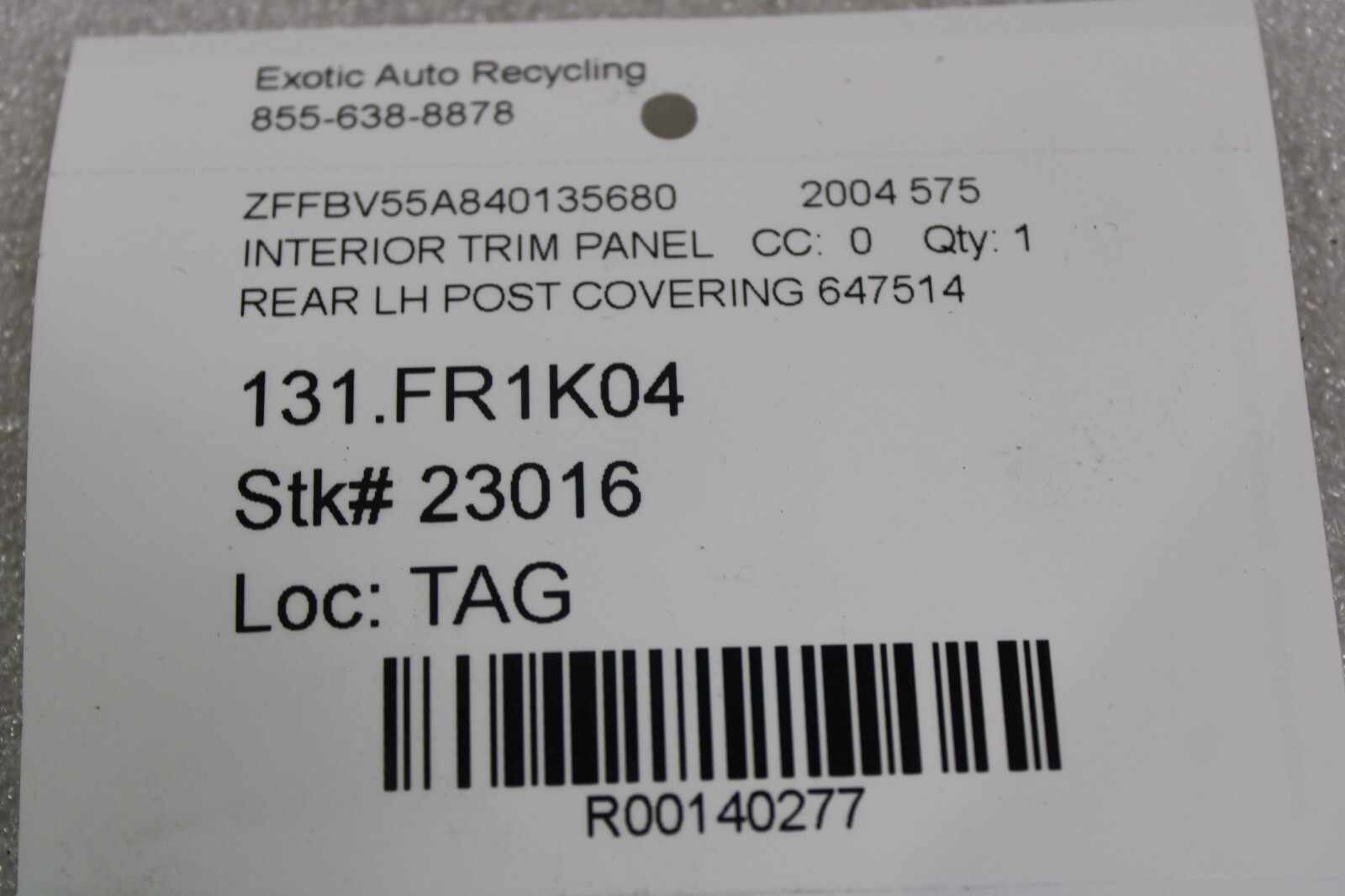 Ferrari 575, LH, Left, Rear Post Interior Cover, Used, P/N 647514