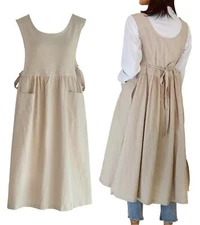 Women’s Plus Size Cotton Linen Vintage Apron Dress Pinafore with Pockets