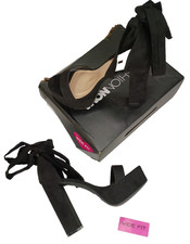 Fashion Nova Size 8 Wide Black Strappy Open Toe Ankle Strap Bow Faux Suede Heels