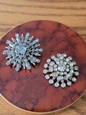 2 Vintage Starburst Silver Tone Rhinestone Brooches Pins 1 Ice Blue 1 Clear Read