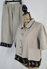 Stonebridge women's Linen blend Animal print 2 piece pant blouse separates large