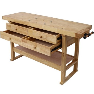 60-Inch Wood Workbench with 4 Drawers, Sturdy Wooden Work Table for Garage Works