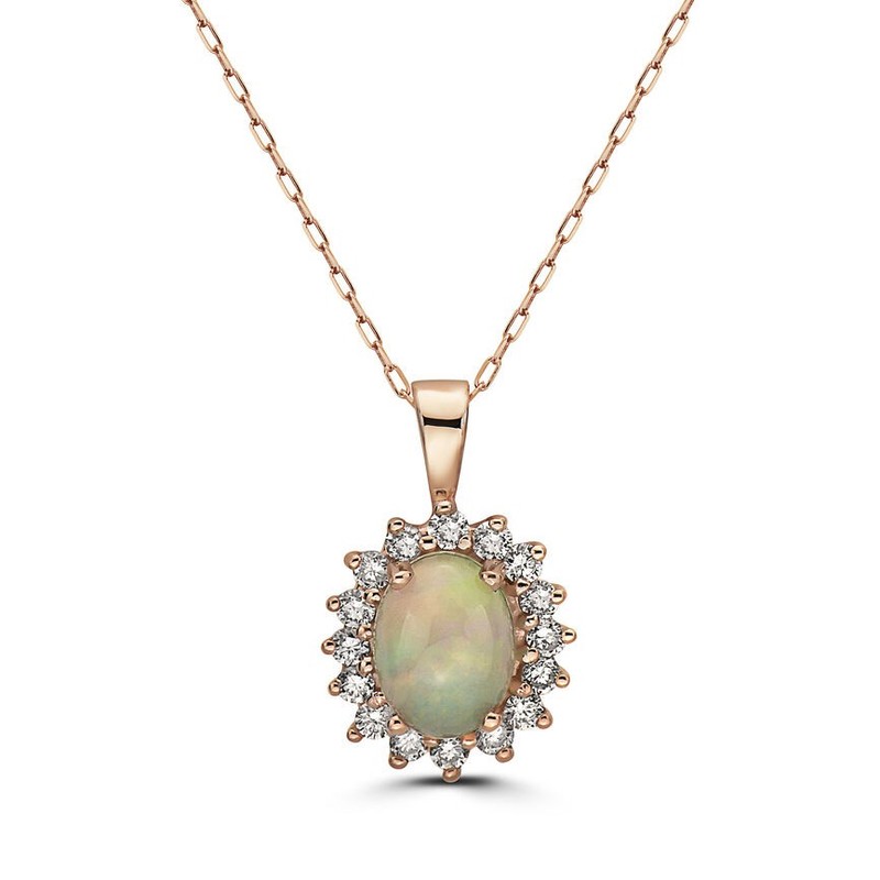 Birthstone Pendant 1 cts Natural White Opal, Nude Diamonds, set in 14K Rose Gold