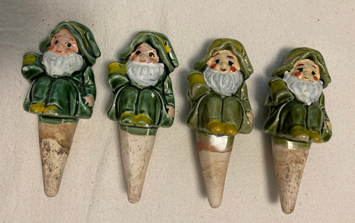 4 VTG GNOME ELF LEPRECHAUNS W/PINT CERAMIC PLANT SELF WATERING SPIKES JAPAN 4.5"