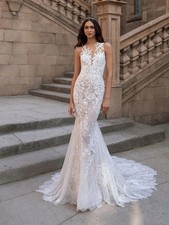 Sexy Mermaid Illusion Wedding Dress Appliques Lace Tulle Court Train Bridal Gown