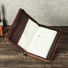 A5 Leather Journal Cover Zippered Portfolio Business Notebook Sleeve Pen Holder