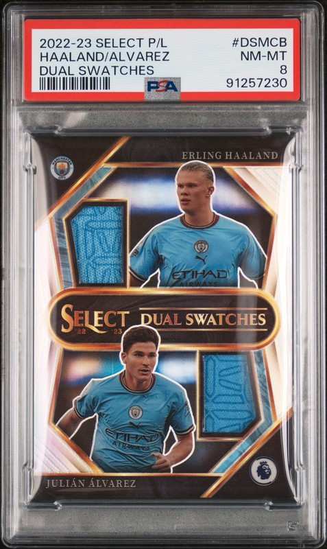 2022-23 Select Premier League Erling Haaland Julian Alvarez Dual Swatches PSA 8