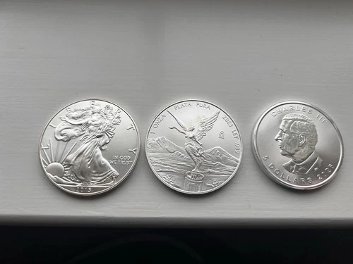 Lot of 3 Silver Coins -American Eagle 2015, Libertad 2023, Maple Leaf 2026 -3ozs