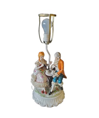 French Victorian Porcelain Couple Lamp & Shade Courting Figurine