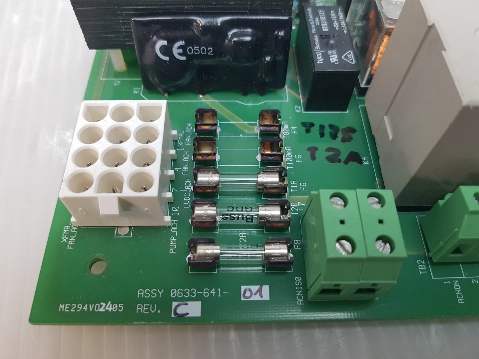 ASSY 0633-641-01 REV C marking with fuse row and hand-written T125 / T2A note