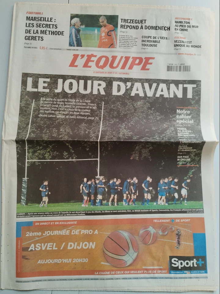 L'Equipe Journal 5/10/2007; 1/4 de finale Xv de France-All Black/ Trezeguet-Dome - Photo 1/1