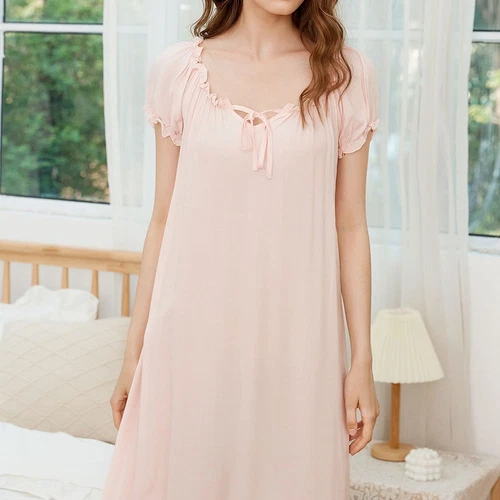 Camisón de mujer princesa manga corta cuello cuadrado algodón suave vestido largo para dormir - Imagen 14 de 34