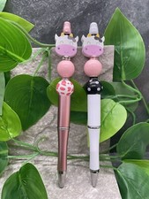 2 PC Handmade Silicone Wood Bead Rhinestone Black Ink Pen Set New Cow A3622
