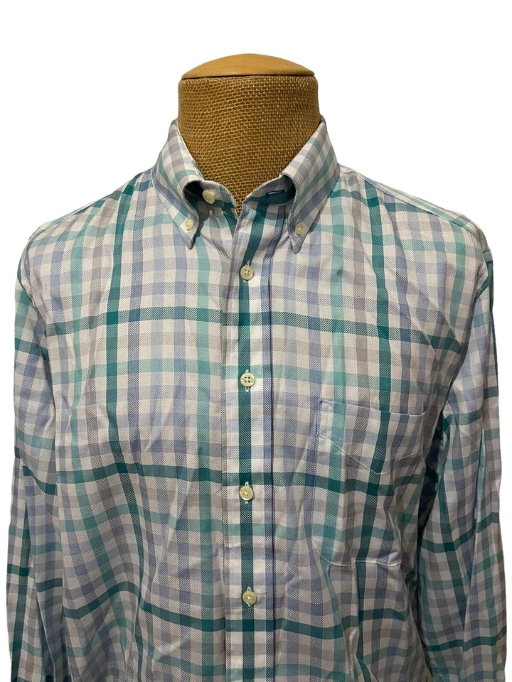 GITMAN BROS Men's Dress Shirt White Gray Teal Plaid Cotton Size XL Made in USA - Image 3 of 4