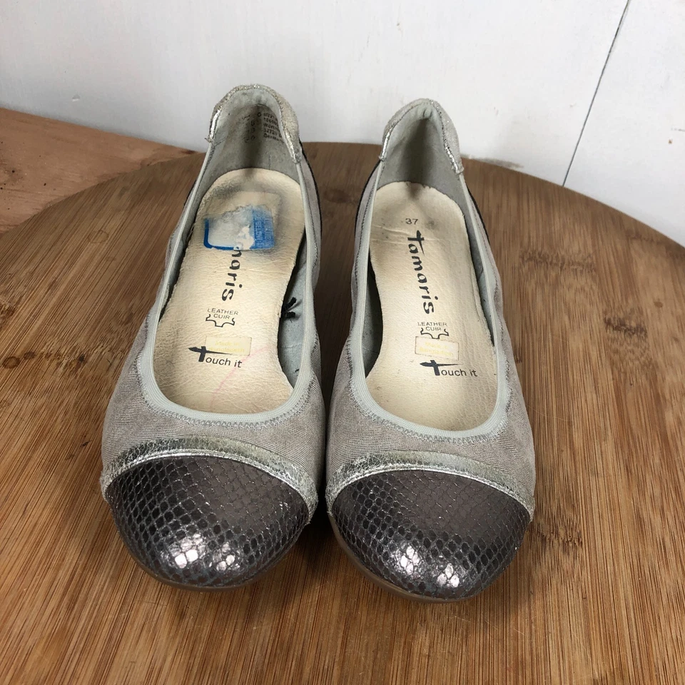 Zapatos Tamaris 37 Mujer 6.5 Ballet Planos Gris Puntera Casual Sin Cordones Carrera Foto 4 de 4