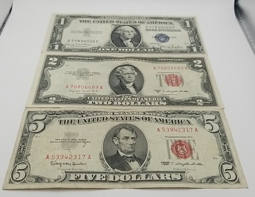 3 Note Lot $1 (1935D Silver Cert), $2 (1953B Red Seal) & $5 (1963 Red Seal) #789