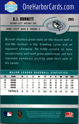 2003 Donruss Florida Marlins Baseball Card #283 A.J. Burnett | eBay