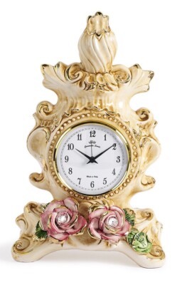 Vintage Table clock Porcelain Capodimonte Flowers Gold made in Italy Desk Watch