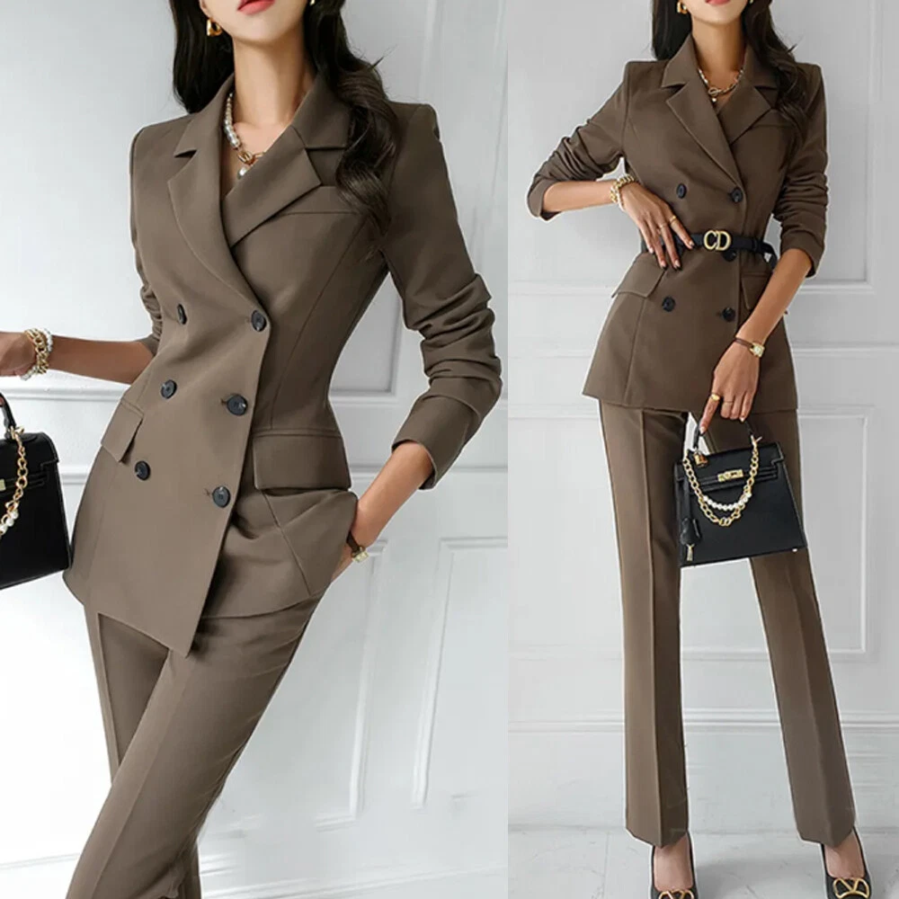 2-Pieces Women's Suits Elegant Double-Breasted Blazer & Simple Pants Slim Fit - Picture 1 of 10