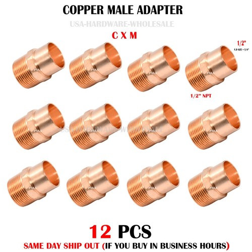 1/2" C x 1/2" Male NPT Threaded Copper Adapters Lead Free Copper fittings 12 PCS