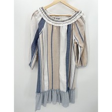Mystree Womens Dress Khaki Blue Striped Boho Cottagecore Cotton Peasant Size S