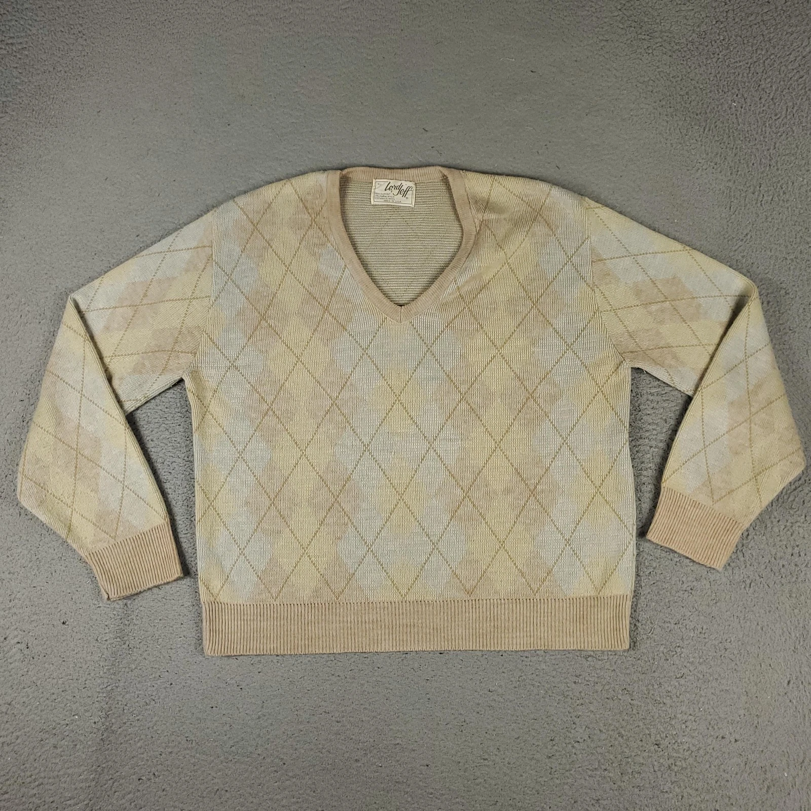Lord Jeff Sweater Mens XL Beige Argyle Vintage Wool Pullover USA 90s