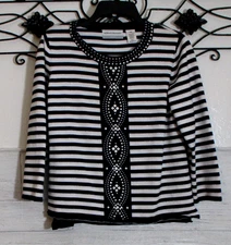 Alfred Dunner Women's Knit Top Size PM Long Sleeve Blue Striped Round Neck