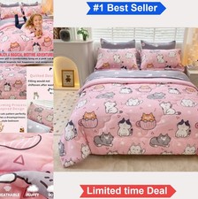 Girls Cat Bedding Comforter Set Full Size 7 Piece Pink Polyester Cute Pet Bed