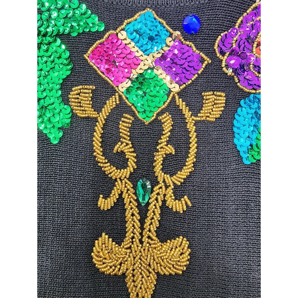 全新 复古 Fitting Image 亮片串珠圆领毛衣 尺寸 14/16 黑色 Ramie — 第 3/4 张图片