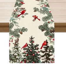 Cardinal Birds Winter Pine Tree Christmas Xmas Table Runner Table Decoration fo