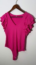 Hot Pink Ribbed V-Neck Ruffle Sleeve Bodysuit, Large
