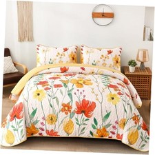 Quilt Set Size Floral Reversible Bedspread Soft Microfiber Queen Yellow
