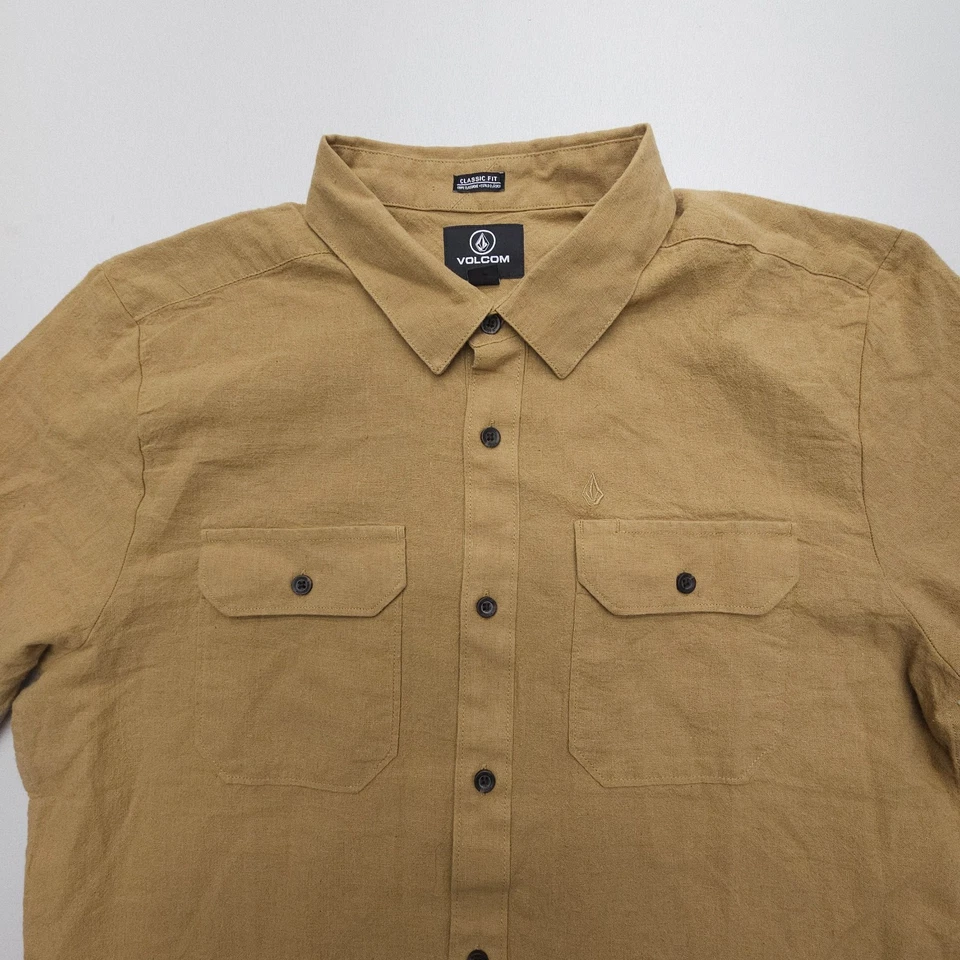 Volcom Classic Fit Button Up Mens Medium Brown Cotton Linen Woven Surf Skate - Image 3 of 4