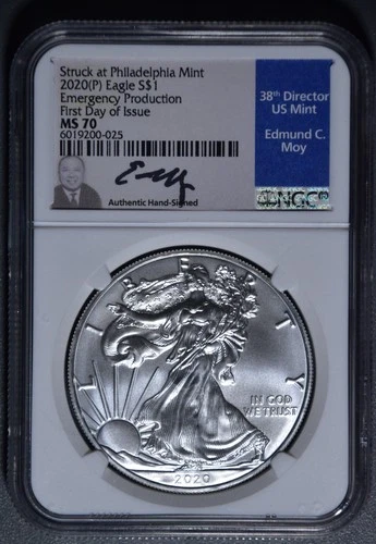 2020(P) $1 AMERICAN SILVER EAGLE UNC FDOI Emer Issue Moy 1oz 999 NGC MS 70 A6590