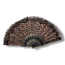 Leopard Print Black Lace Accent Hand Fan Burlesque Goth Retro Pinup Rockabilly