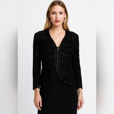 Vintage Silk Beaded Formal Evening Jacket Black W/ Zipper Large DELLA ROUFOGALI