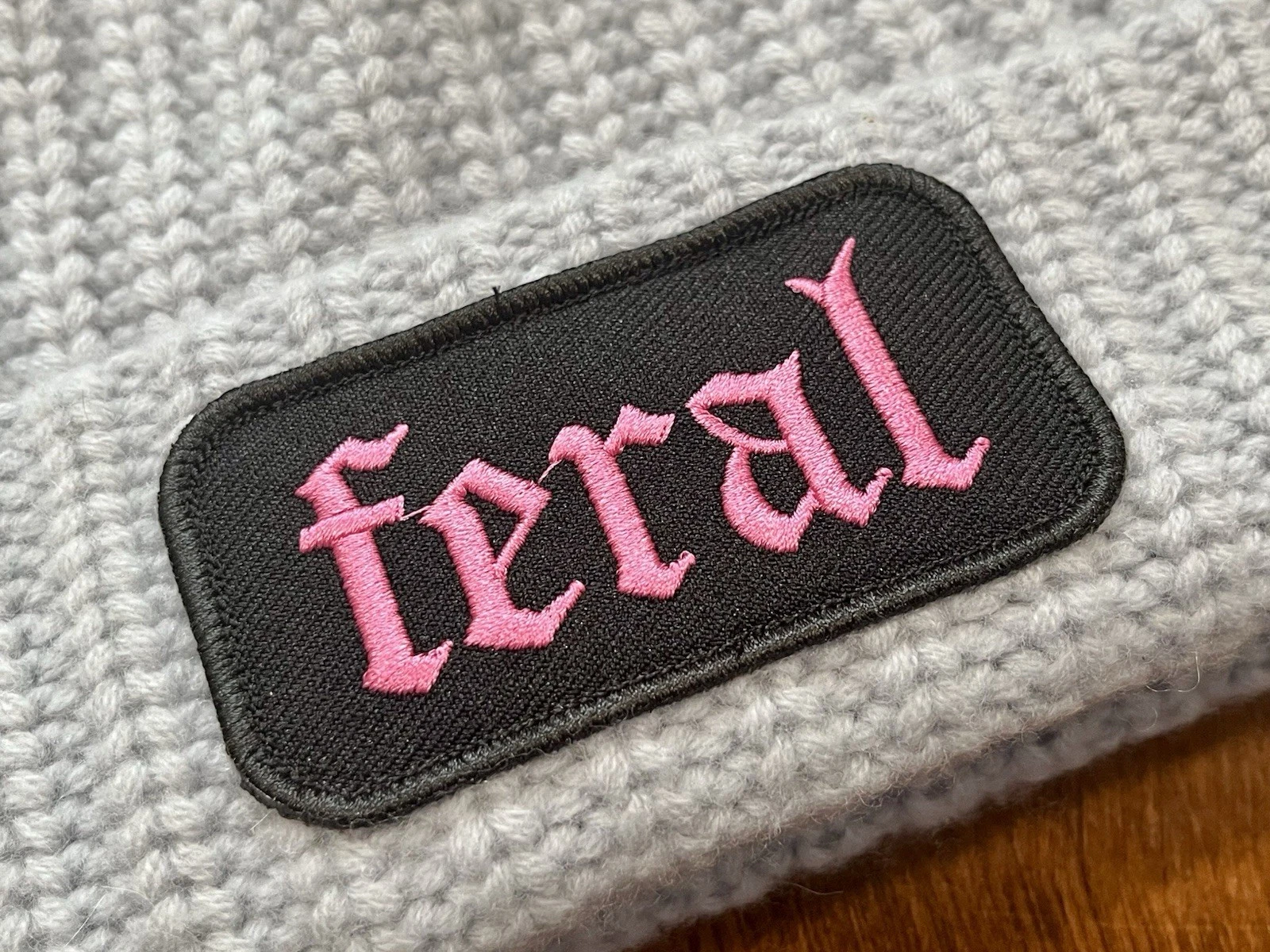 New Embroidered FERAL Open Edit Wool & Cashmere Gray Chunky Textured Knit Beanie