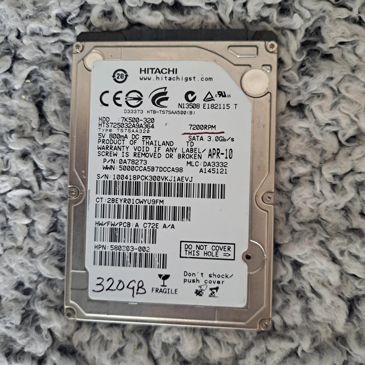 90日保証/再生品】Hitachi 320GB laptop Internal 5400RPM 2.5 0A78253