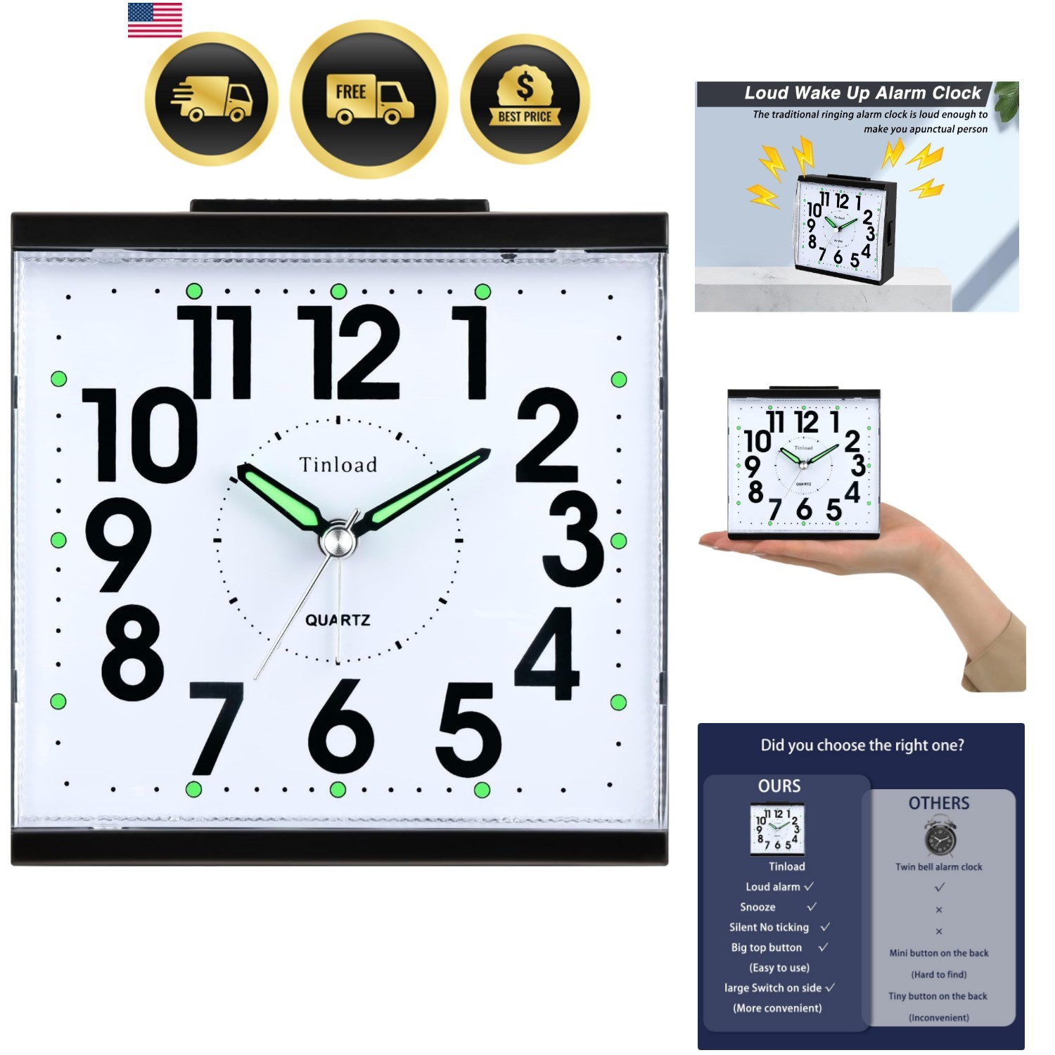 4.7" Loud Bell Alarm Clock for Heavy Sleepers Adults, Silent No Ticking, Snoo...