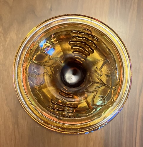 Vtg MINT 1970's Indiana Carnival Glass Iridescent Amber Compote Harvest Grape - Picture 7 of 10