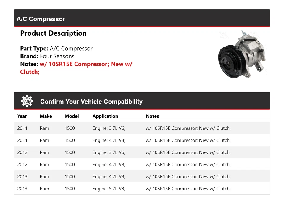 Compresor de aire acondicionado Ram 1500 2011-2013 4 estaciones 2012 Foto 2 de 4