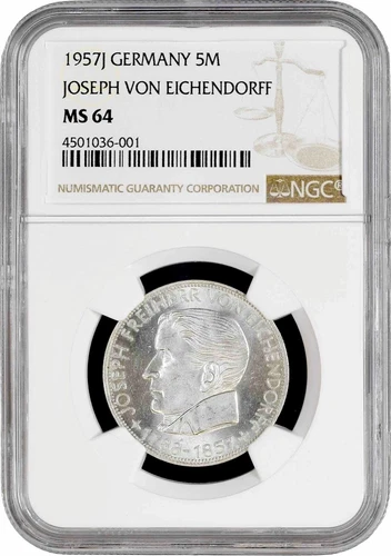 Germany - FRG 5 mark 1957 J, NGC MS64, "100th Anniver. - Joseph von Eichenhoff"