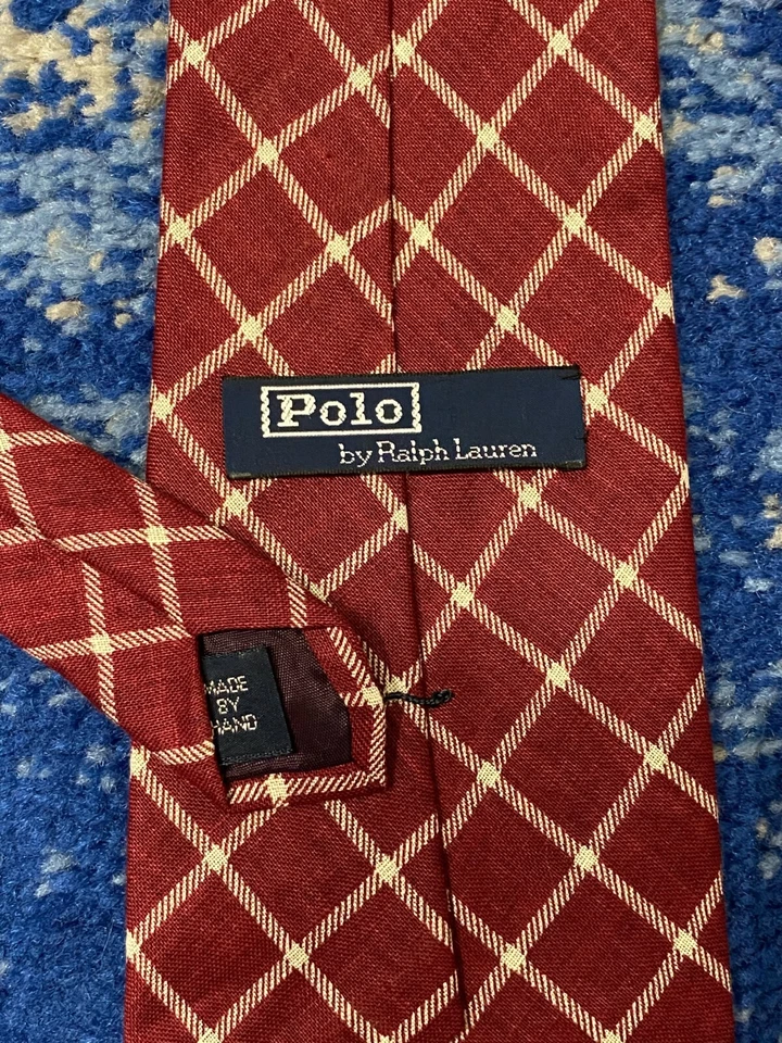 Corbata Polo Ralph Lauren Rojo Profundo Beige Sesgado a Cuadros 100% Lino Hecha a Mano EE. UU. Foto 4 de 4