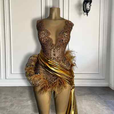 Luxury Gold Formal Cocktail Dresses Sheer Sexy See Through Girl Short Prom  Dress | eBay