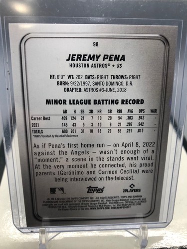 2022 Bowman Platinum Jeremy Pena Rookie RC #98 Houston Astros - Picture 2 of 2