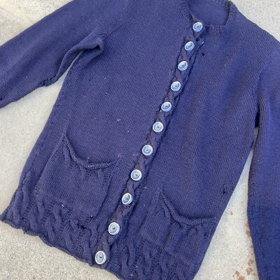 Vintage 1930s Blue Knit Wool Sweater Cardigan Button Up Waist