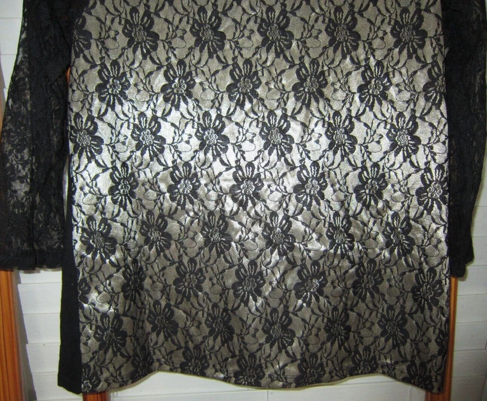 Blusa top August Silk XL de seda con encaje floral dorado negro Foto 3 de 4
