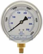 LIQUID FILLED PRESSURE GAUGE 0-5000 PSI, 4" FACE, 1/4" LOWER MOUNT
